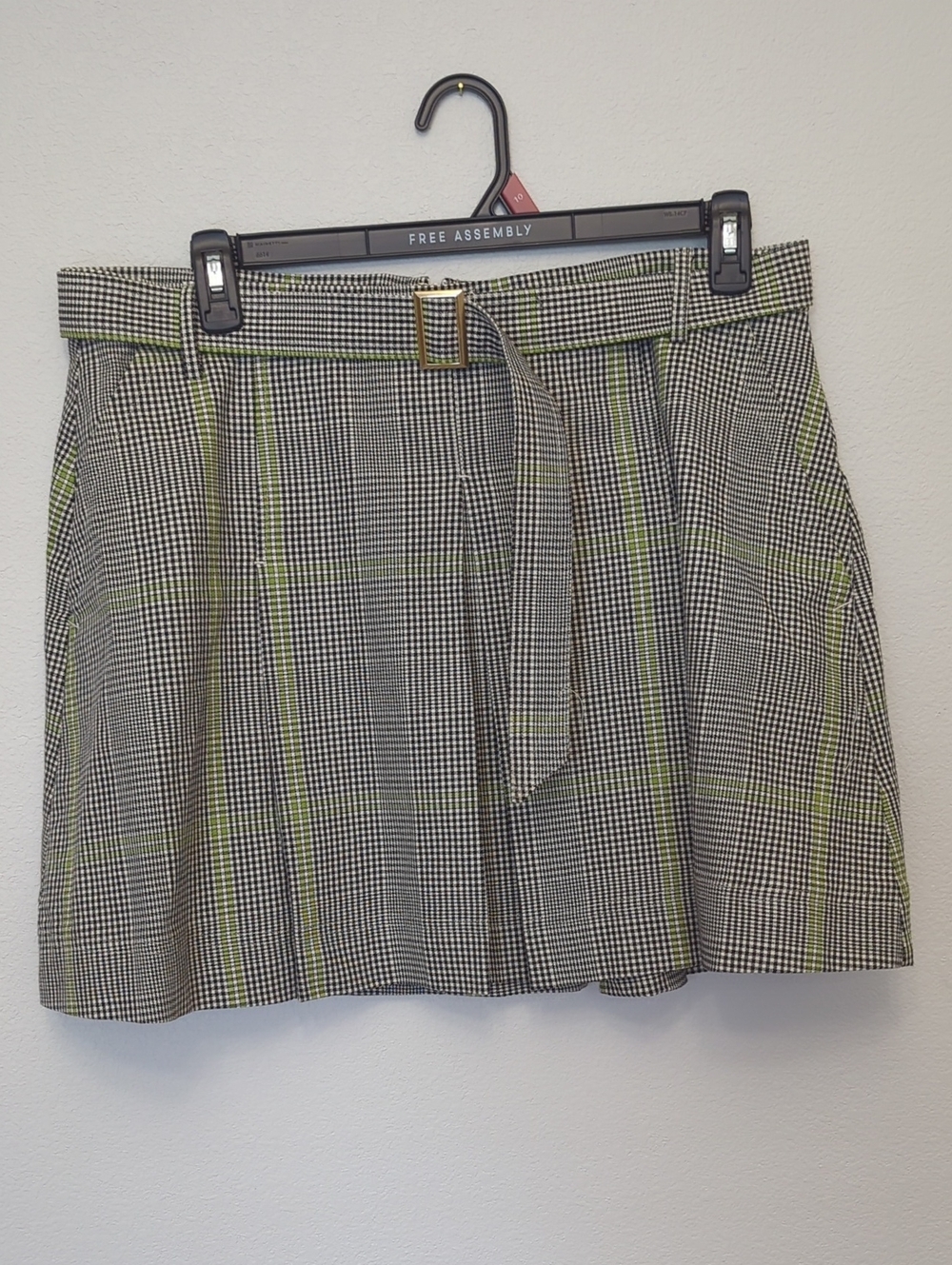 Free Assembly Black & White Plaid Skirt with Lime Accent Belt